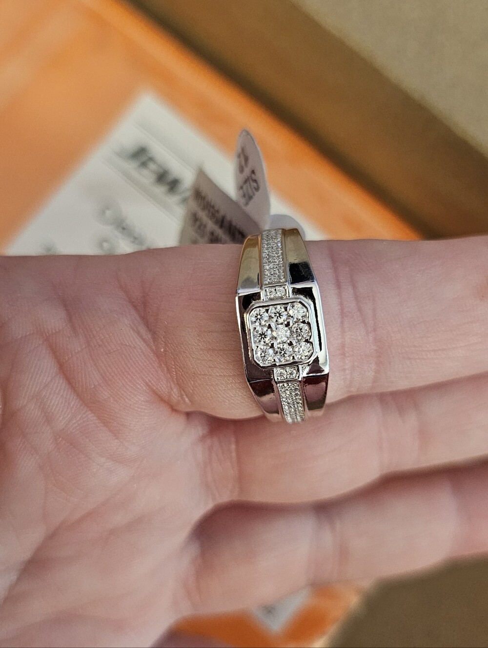 Polished Sterling Silver Cluster Diamond Ring - Mens Size 12